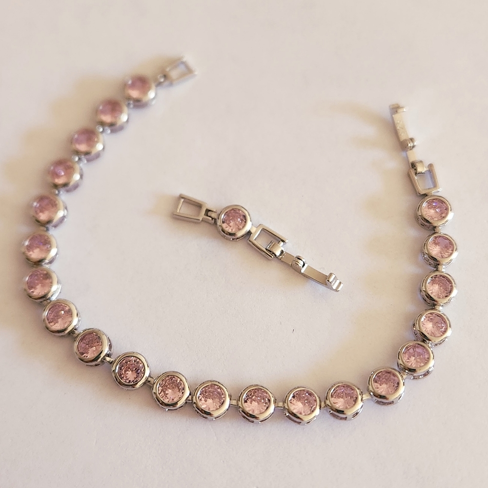 New 925 Silver Round Cut Pink Sapphire Bezel Setting Bracelet Women Extender - Picture 5 of 10